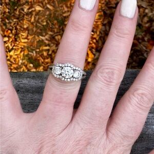 3 stone halo CZ ring, 925 silver size 6